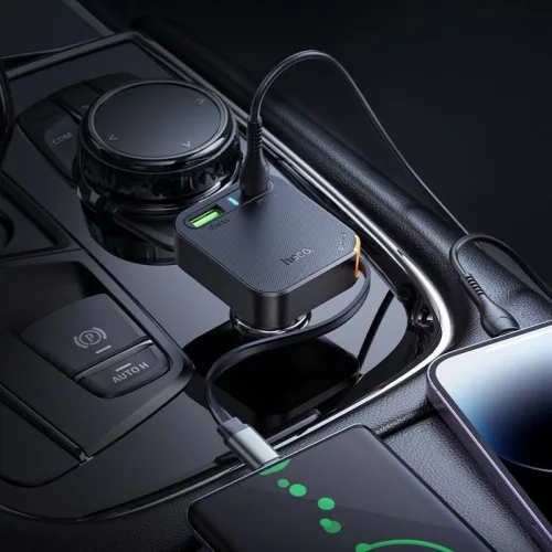Szivartöltő fej 1xType-C / 1x USB csatlakozó, Type-C kábel, PD 35W, QC3.0, 0.65M, fekete, Hoco NZ18