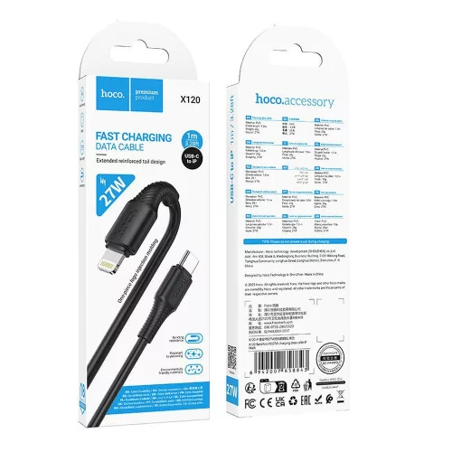 Type-C - iPhone 8pin gyorstöltő adatkábel, fekete, 1M, PD 27W / 2.4A, Hoco X120