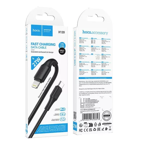 Type-C - iPhone 8pin gyorstöltő adatkábel, fekete, 1M, PD 27W / 2.4A, Hoco X120