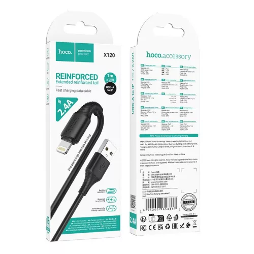 iPhone 8pin gyorstöltő adatkábel, 2.4A, 1M, fekete, Hoco X120