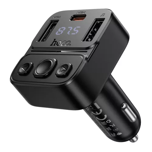 Bluetooth FM transmitter, 2xUSB / 1xType-C, QC3.0 / PD 20W, BT5.4, fekete, HOCO E87