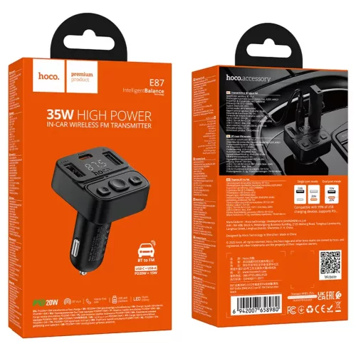 Bluetooth FM transmitter, 2xUSB / 1xType-C, QC3.0 / PD 20W, BT5.4, fekete, HOCO E87
