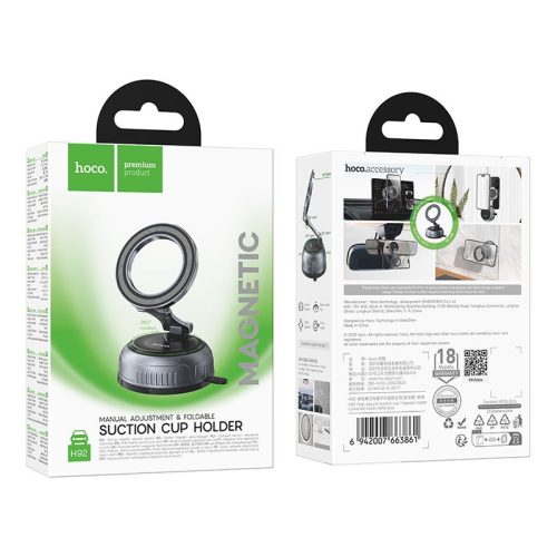 Szélvédőre / műszerfalra helyezhető vákumos autós tartó, MagSafe kompatibiis, 360° fordítható, mágneses, fekete, Hoco H92