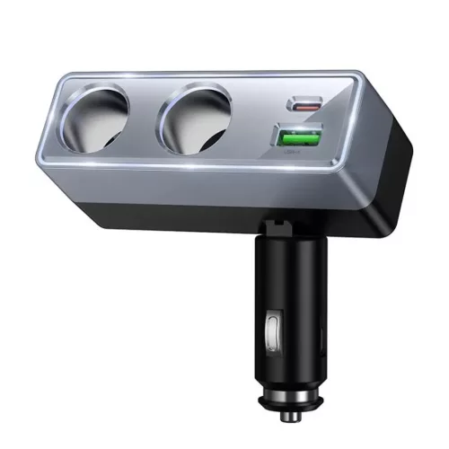 3in1-ben autós töltő és szivargyújtó elosztó (240W), 1xUSB / 1xType-C, 2x szivargyújtó aljzat, PD 30W / QC3.0, Hoco Z65B