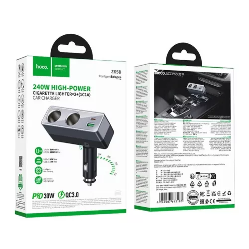 3in1-ben autós töltő és szivargyújtó elosztó (240W), 1xUSB / 1xType-C, 2x szivargyújtó aljzat, PD 30W / QC3.0, Hoco Z65B