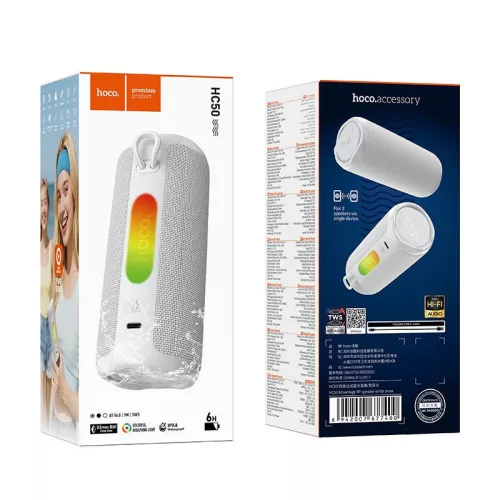 Bluetooth hangszóró, 8W, fehér, RGB led, Hoco HC50