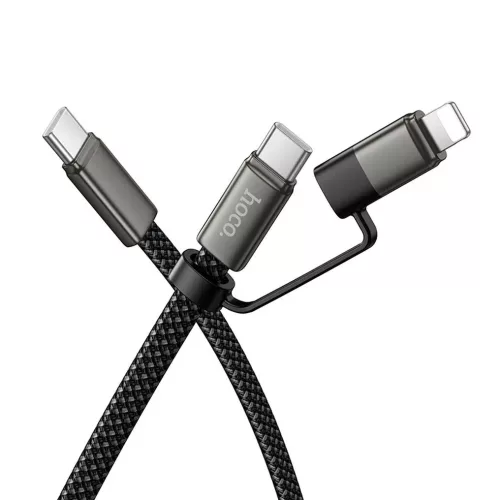 2in1 Type-C - Type-C / iPhone 8pin adatkábel, lapított, 60W / 3A, 1M, fekete, Hoco X125