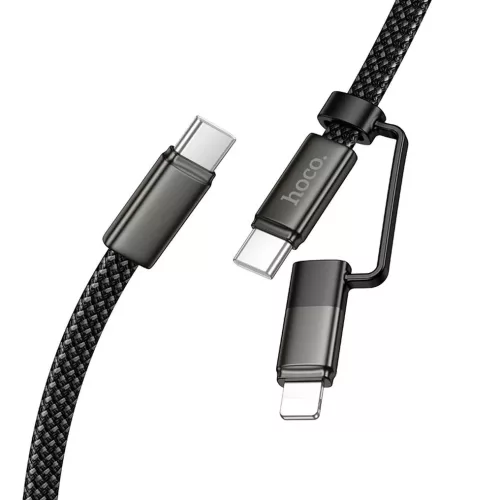 2in1 Type-C - Type-C / iPhone 8pin adatkábel, lapított, 60W / 3A, 1M, fekete, Hoco X125