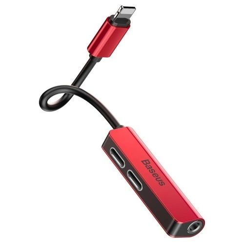 3in1 audio / HF adapter, iPhone 8pin - 2X iPhone 8pin / 3,5mm jack, piros-fekete, Baseus CALL52-91