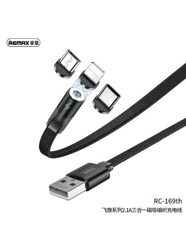 Remax RC-169th 3in1 fekete mágneses adatkábel micro USB + iPhone 8pin + Type-C 2.1A 1M