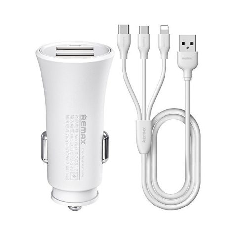 Remax RCC217 fehér 2USB szivartöltőfej 2.4A + 3in1 micro usb Type-C iPhone 8pin adatkábel