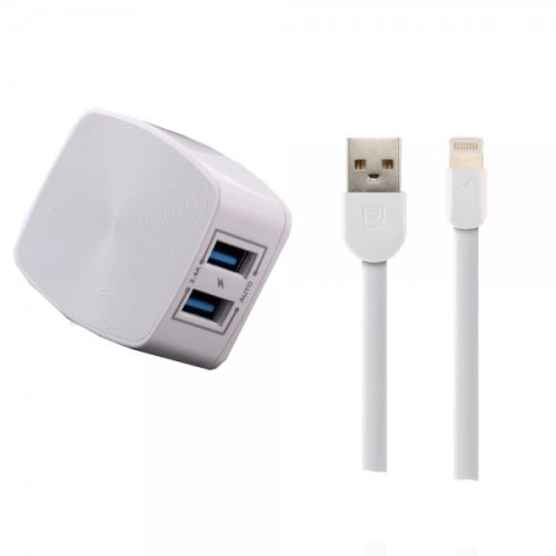 Remax RP-U215 2USB fehér hálózati töltőfej EU 2.4A + iPhone 8pin adatkábel