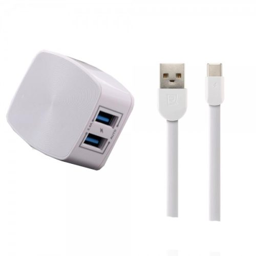 Remax RP-U215 2USB fehér hálózati töltőfej EU 2.4A + Type-C adatkábel