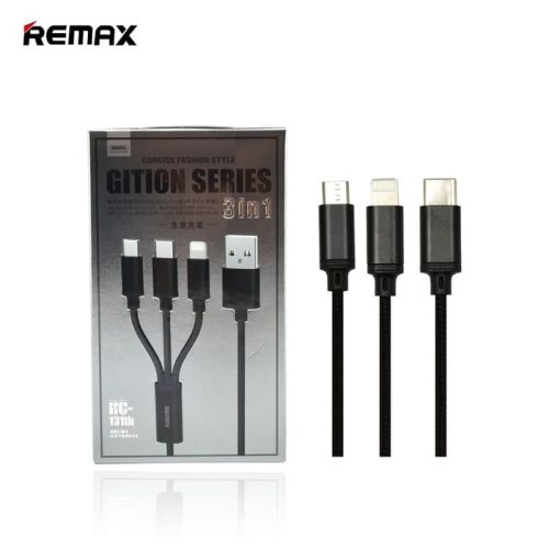 Remax RC-131th 3in1 iPhone 8pin Type-C micro usb fekete szövet adatkábel fém csatlakozóval 2.8A