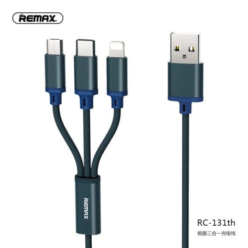 Remax RC-131th 3in1 iPhone 8pin Type-C micro usb kék szövet adatkábel fém csatlakozóval 2.8A