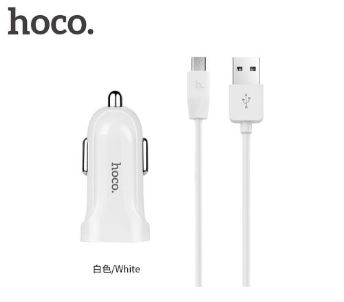 Szivartöltő fej 2USB + Micro USB kábel, fehér, 2.4A, Hoco Z2A