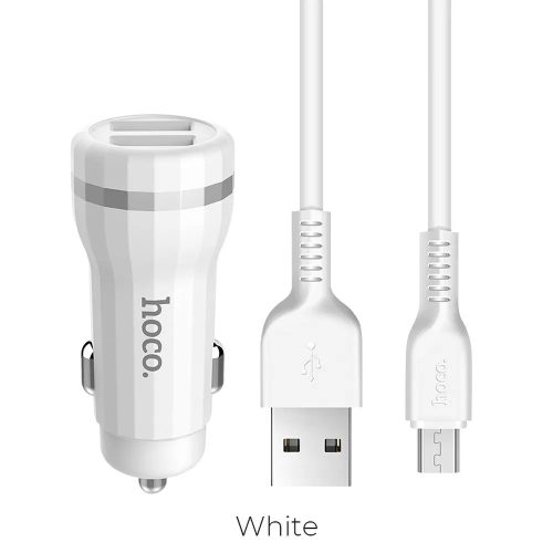 Szivartöltő fej 2USB + micro USB kábel, fehér, 2.4A, Hoco Z27