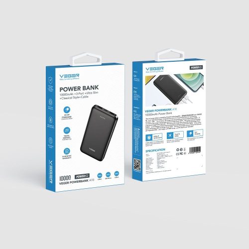 Power Bank, 10000mAh, 2x USB / Micro USB / Type-C foglalattal, fekete, Veger A10 (W1065)