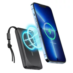   Magsafe power bank, mágneses, 1x USB /1xType-C, 1x Lightning, 10000 mAh, 20W / 2A, fekete, Veger MagOn (W1151)