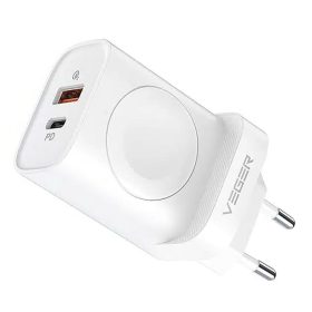   Univerzális hálózati gyors töltőfej, Type-C / USB + wireless töltő Apple Watch, fehér, 20W, Veger
