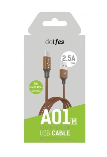 Dotfes A01m micro USB barna prémium szövet adatkábel fém csatlakozóval 2.5A 1m