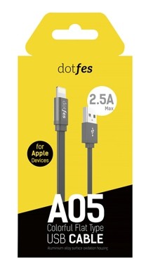 Dotfes A05 iPhone 8pin fekete prémium adatkábel fém csatlakozóval 2.5A 1m