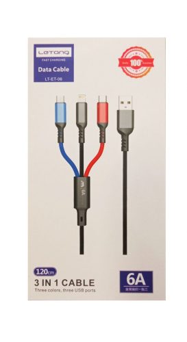 3in1 adatkábel, Micro USB / Type-C / iPhone 8pin, 6A, 1.2m, színes, Letang LT-ET-06