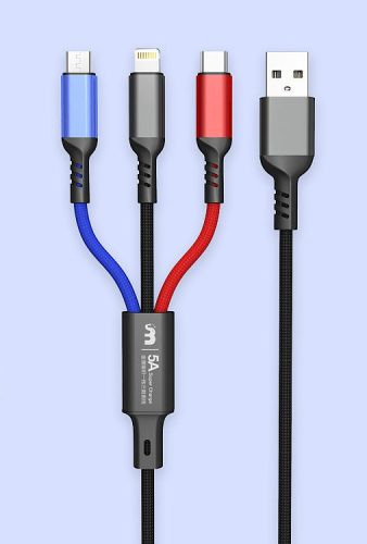 Letang wiwi W19 3in1 Micro USB Type-C iPhone 8pin kék-fekete-piros adatkábel 5A 1.2m