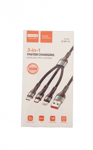 3in1 adatkábel, Micro USB / Type-C / iPhone 8pin, Super Charge, 100W, 1.2m, szürke, Letang LT-ET-11