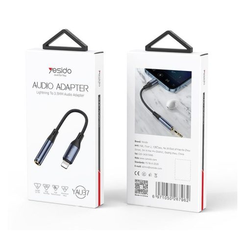 Audio jack 3,5mm aljzat - iPhone 8pin adapter, fekete, 0.12M, Yesido YAU37