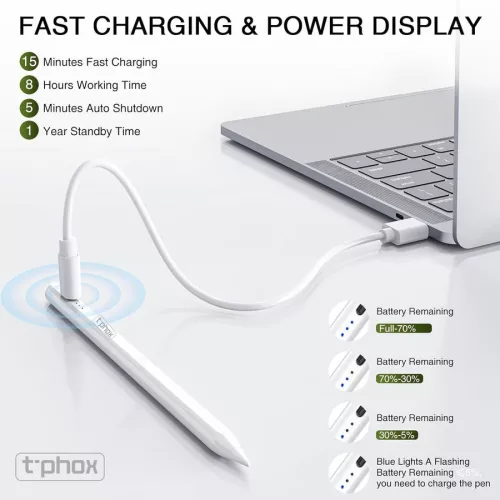 Érintő ceruza Apple táblagépekhez, fehér, Type-C csatlakozó, 6db póthegy, T-PHOX STYLUS ERA 1