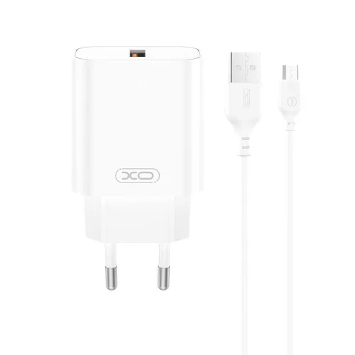 Hálózati töltőfej 1xUSB + Type-C adatkábel, 3A / 18W, fehér, XO-CE33