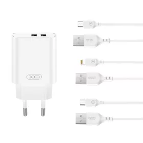   Hálózati töltőfej 2x USB + micro USB adatkábel, 12W / 2.4A, fehér, XO-CE34