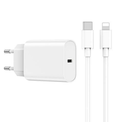 Hálózati töltőfej 1xType-C + Type-C / iPhone 8pin adatkábel, PD, 3A / 20W, fehér, WIWU Wi-U001