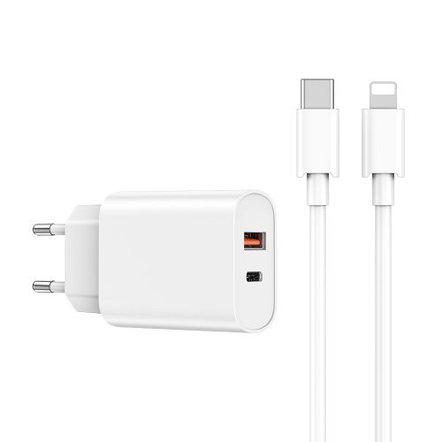 Hálózati töltőfej 1xUSB / 1xType-C + Type-C / iPhone 8pin adatkábel, PD/QC, 3A / 20W, 1M, fehér, WIWU Wi-U002