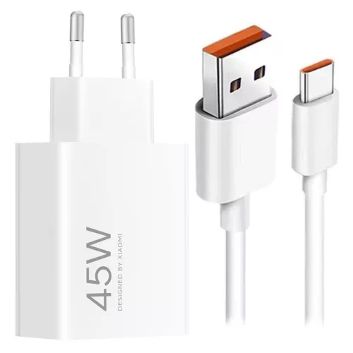 Xiaomi hálózati töltőfej 1xUSB + Type-C adatkábel, 45W / 3A, gyári, fehér, MDY-17-EF (CSOMAGOLÁS NÉLKÜLI)