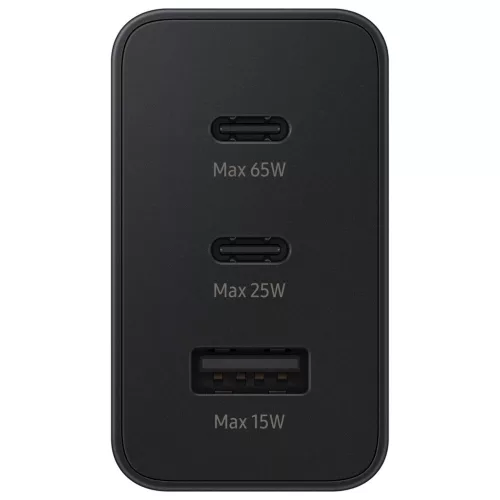 Samsung hálózati gyors töltőfej, 2xType-C / 1xUSB, 65W, fekete, EP-T6530NBEGEU (csomagolás nélküli)