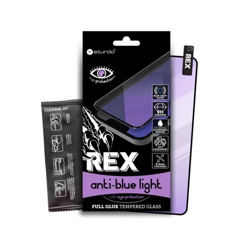 iPhone 17 (6.3") előlapi üvegfólia, kékfény szűrős, 9H, fekete keret, 5D Full Glue, Sturdo Rex Anti-blue light