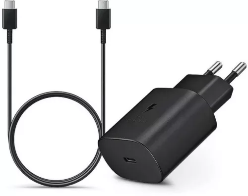Samsung hálózati gyors töltőfej Type-C csatlakozóval + Type-C - Type-C adatkábel, gyári, 25W / 3A, fekete, EP-TA800EBE / EP-DA705BWE (CSOMAGOLÁS NÉLKÜLI)