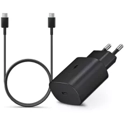   Samsung hálózati gyors töltőfej Type-C csatlakozóval + Type-C - Type-C adatkábel, gyári, 25W / 3A, fekete, EP-TA800EBE / EP-DA905BBE (CSOMAGOLÁS NÉLKÜLI)