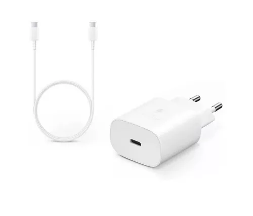 Samsung hálózati gyors töltőfej Type-C csatlakozóval + Type-C - Type-C adatkábel, gyári, 25W / 3A, fehér, EP-TA800EWE / EP-DA705BWE (CSOMAGOLÁS NÉLKÜLI)