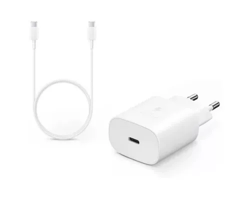 Samsung hálózati gyors töltőfej Type-C csatlakozóval + Type-C - Type-C adatkábel, gyári, 25W / 3A, fehér, EP-TA800EWE / EP-DA705BWE (CSOMAGOLÁS NÉLKÜLI)