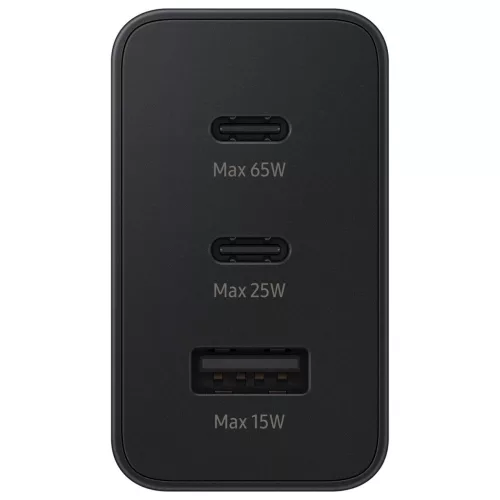Samsung hálózati gyors töltőfej, 2xType-C / 1xUSB, 65W, fekete, EP-T6530NBEGEU (sérült a csomagolása)