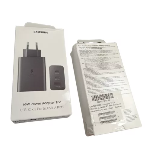 Samsung hálózati gyors töltőfej, 2xType-C / 1xUSB, 65W, fekete, EP-T6530NBEGEU (sérült a csomagolása)