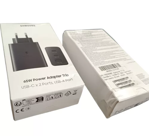 Samsung hálózati gyors töltőfej, 2xType-C / 1xUSB, 65W, fekete, EP-T6530NBEGEU (sérült a csomagolása)