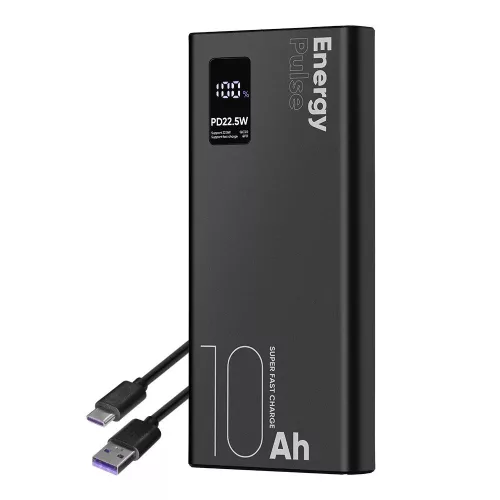 Power Bank, 2xUSB / 1xType-C / 1x micro USB + Type-C kábel, 10000 mAh / 22.5W, fekete, LCD kijelző, OBAL:ME EnergyPulse