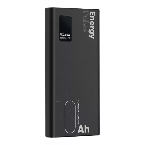 Power Bank, 2xUSB / 1xType-C / 1x micro USB + Type-C kábel, 10000 mAh / 22.5W, fekete, LCD kijelző, OBAL:ME EnergyPulse