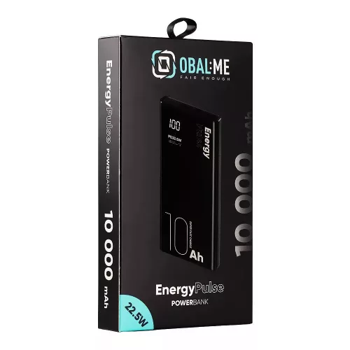 Power Bank, 2xUSB / 1xType-C / 1x micro USB + Type-C kábel, 10000 mAh / 22.5W, fekete, LCD kijelző, OBAL:ME EnergyPulse