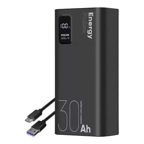 Power Bank, 4xUSB / 1xType-C / 1x micro USB + Type-C kábel, 30000 mAh / 22.5W, fekete, LCD kijelző, OBAL:ME EnergyPulse