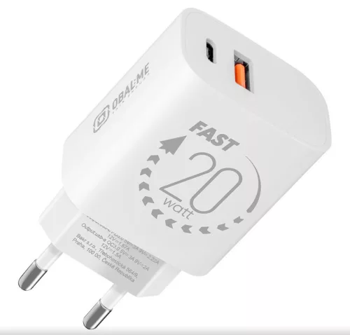 Hálózati gyors töltőfej, 1x USB / 1x Type-C, 3A / 20W, fehér, OBAL:ME OM20WCA